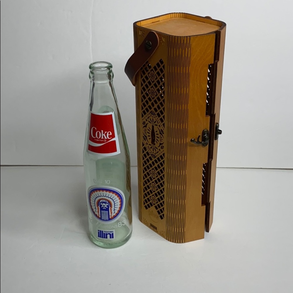 Vintage Coca Cola 1983 bottle and carved box